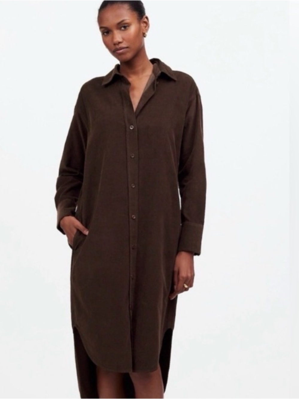 Madewell Long-Sleeve Corduroy Midi Shirt Dress in Dark Brown